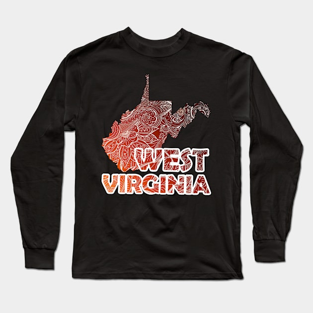 Colorful mandala art map of West Virginia with text in brown and orange Long Sleeve T-Shirt by Happy Citizen